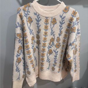 NWT Sincerely Jules Cream Floral Knit Sweater Blue Yellow Flowers Cozy